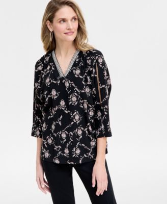JM Collection - Women's Printed Embellished Top