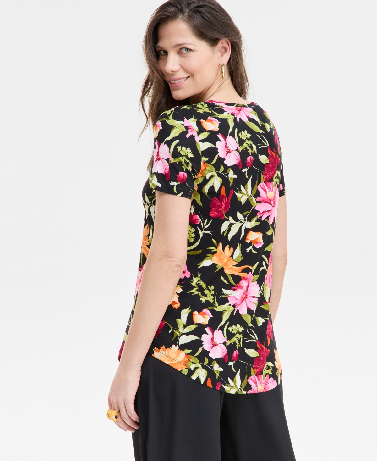 JM COLLECTION WOMEN'S PRINTED SCOOP-NECK SHORT SLEEVE TOP, EXCLUSIVELY AT MACY'S 