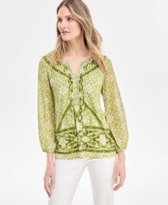 JM Collection - Women's Paradise Villa Chiffon Sleeve Split-Neck Top