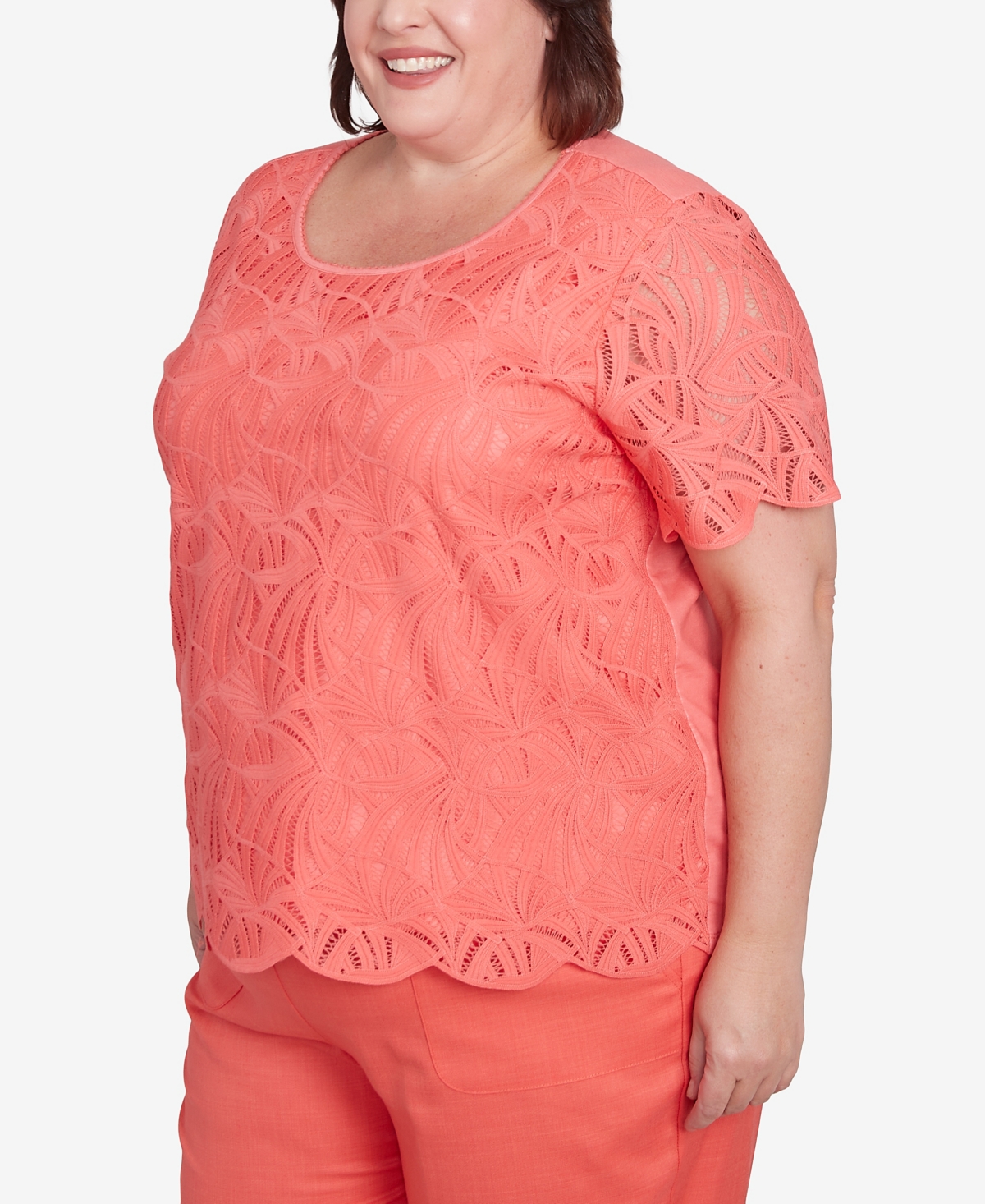 Alfred Dunner Plus Size Catalina Island Lace Trimmed Textured Crew Neck Top In Tangerine