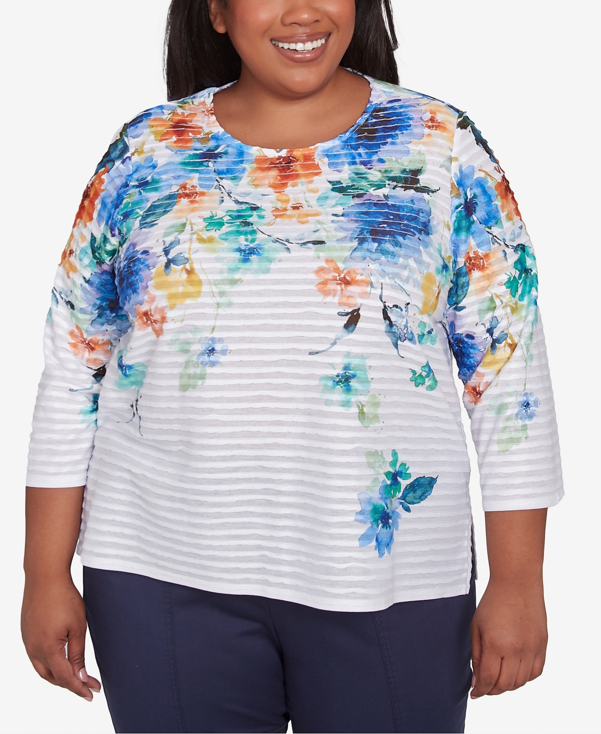 Plus Size Nantucket Textured Floral Crew Neck Top - Marine Multi