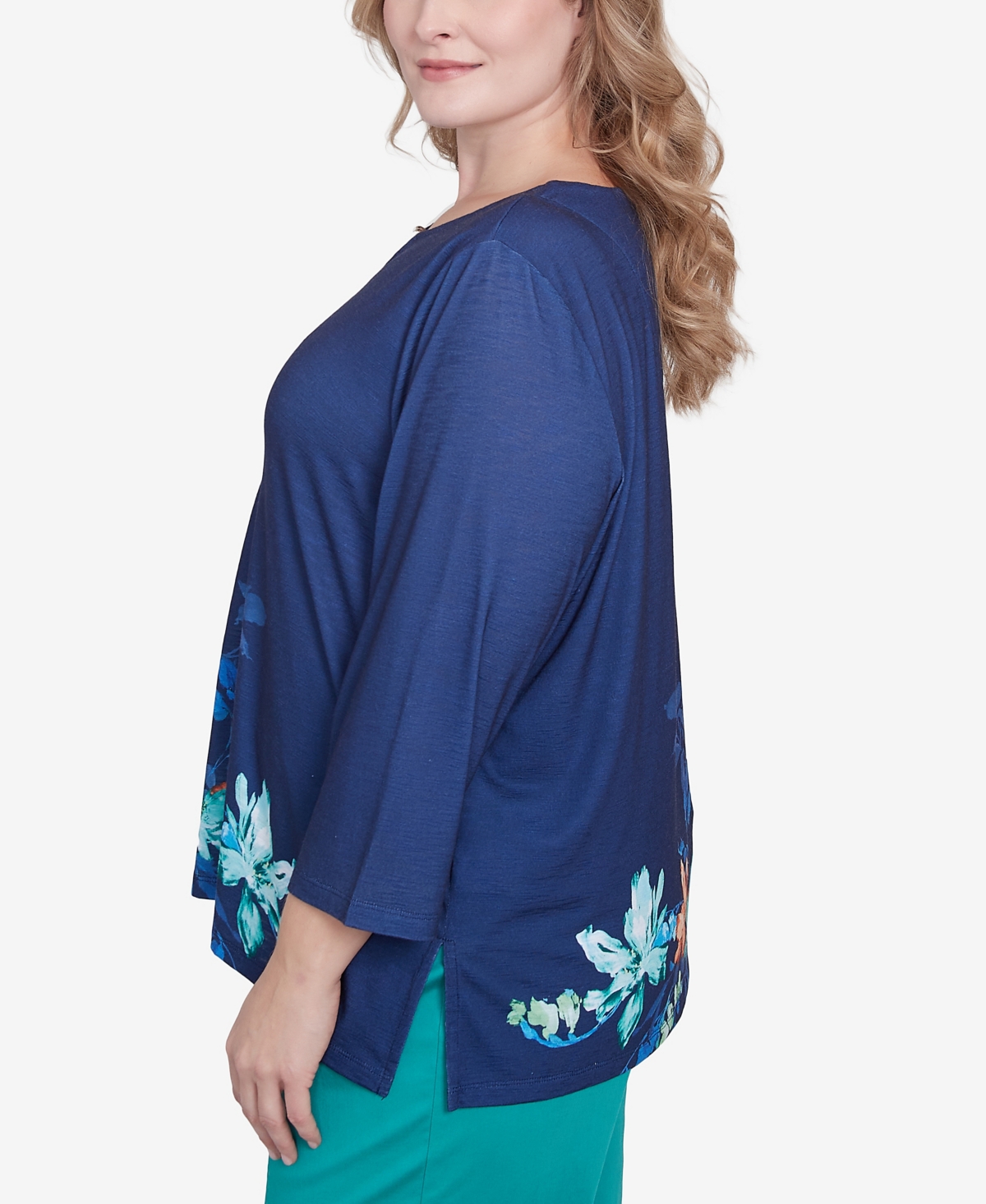 Alfred Dunner Plus Size Nantucket Asymmetric Floral Beaded Split Neck Top In Marine Blue