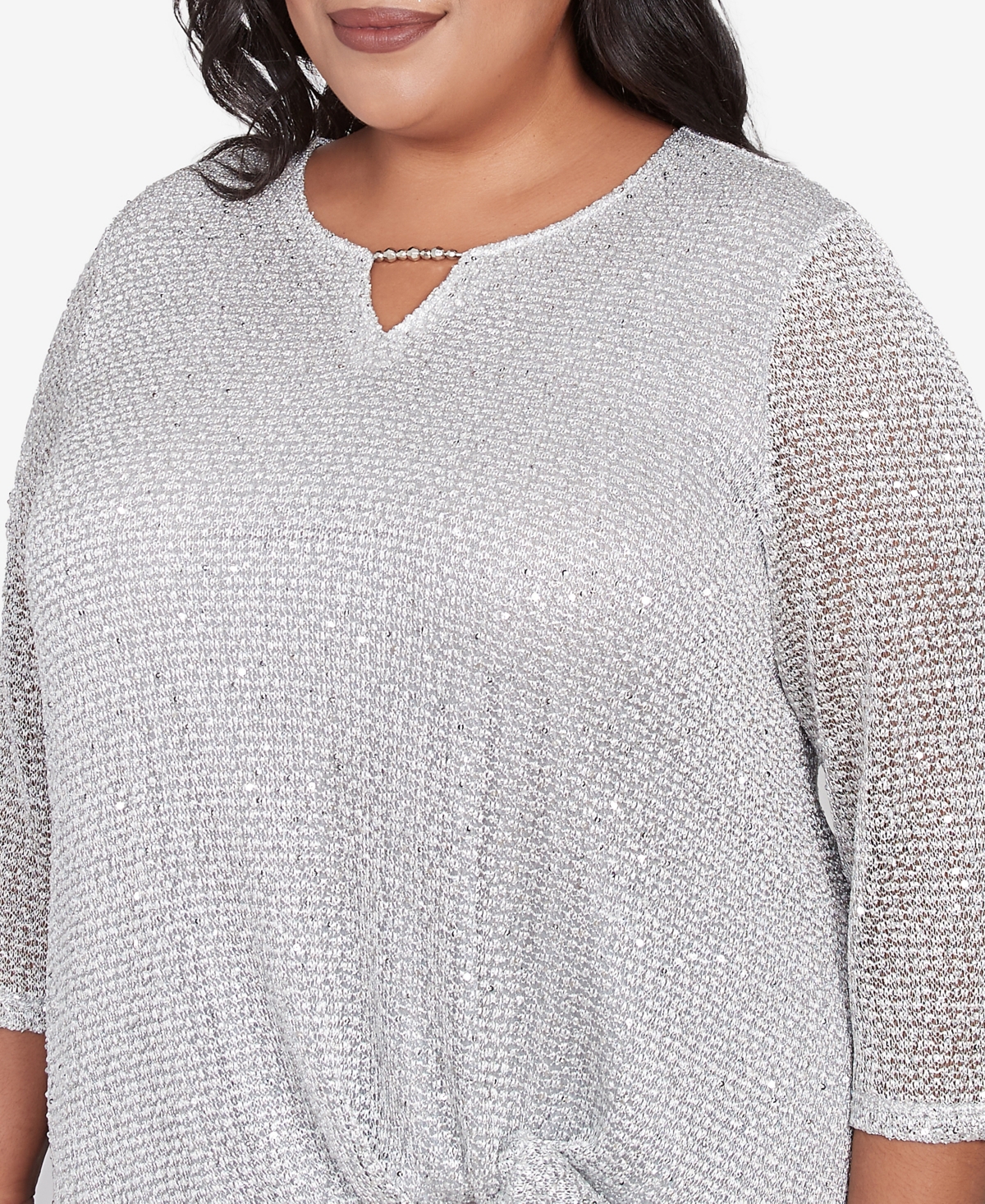 Alfred Dunner Plus Size Estate Of Mind Sequin Beaded Split Neck Top In Dove Gray