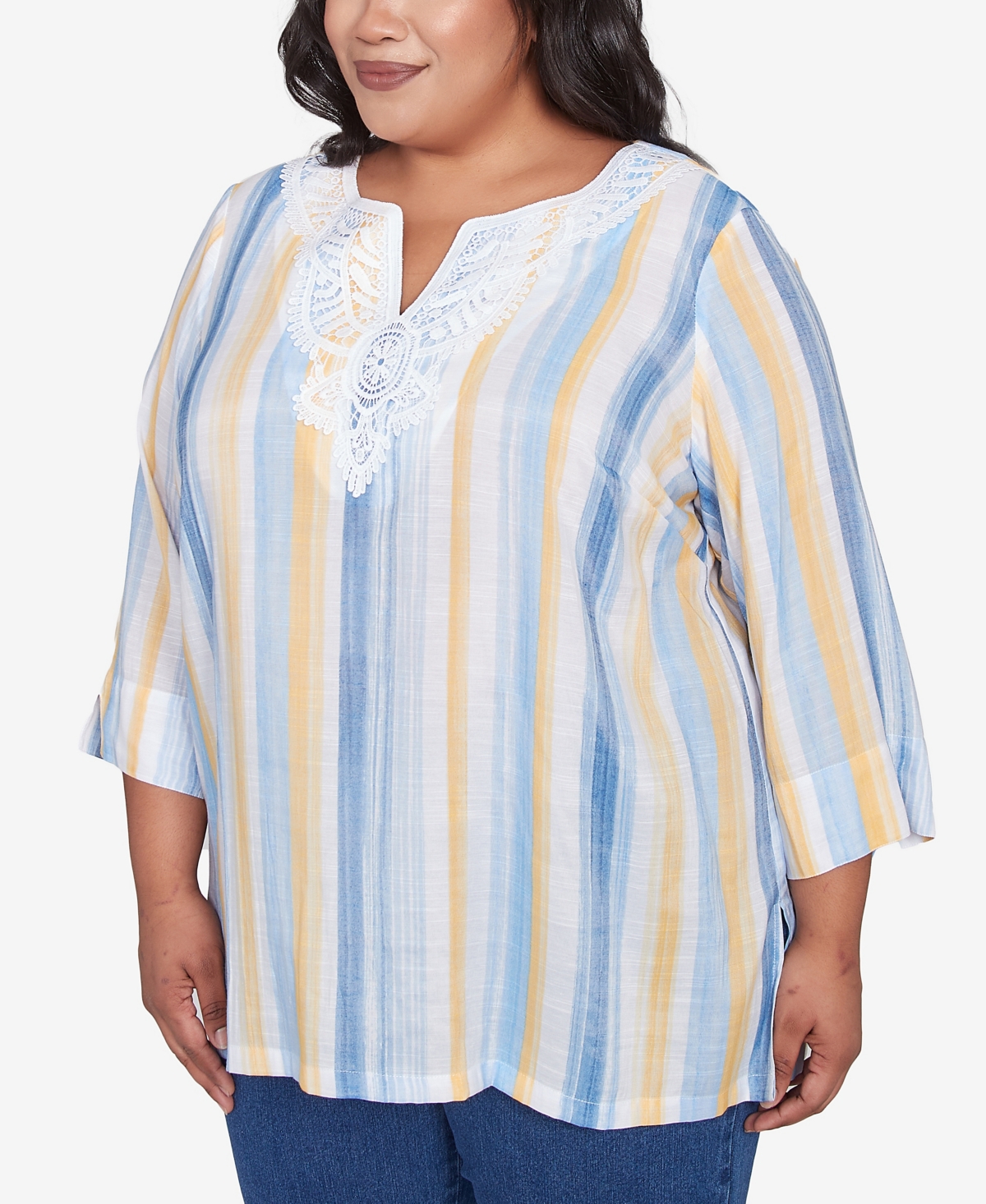 Alfred Dunner Plus Size Flower Power Striped Flower Detail Button Front Top In Multi Blue