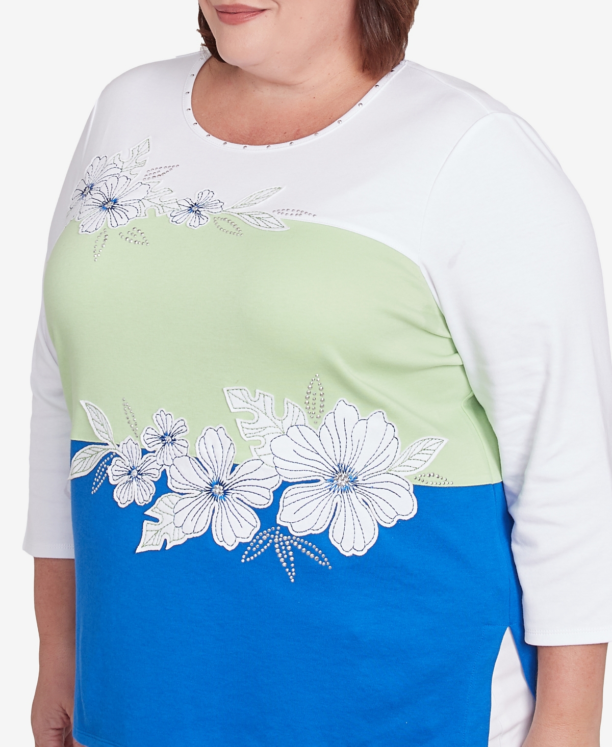 Alfred Dunner Plus Size Parrot Cay Tropical Colorblock Floral Crew Neck Top In Cobalt Multi