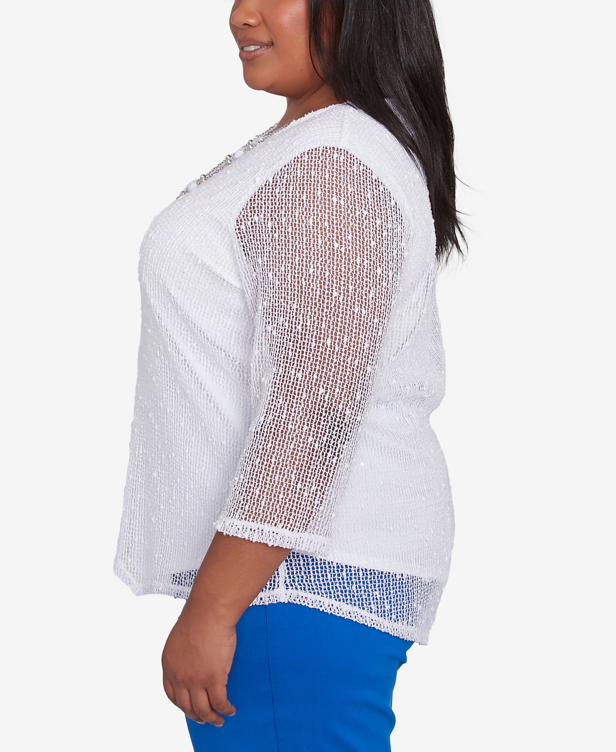 Alfred Dunner Plus Size Parrot Cay Popcorn Mesh Crew Neck Top With Necklace In White