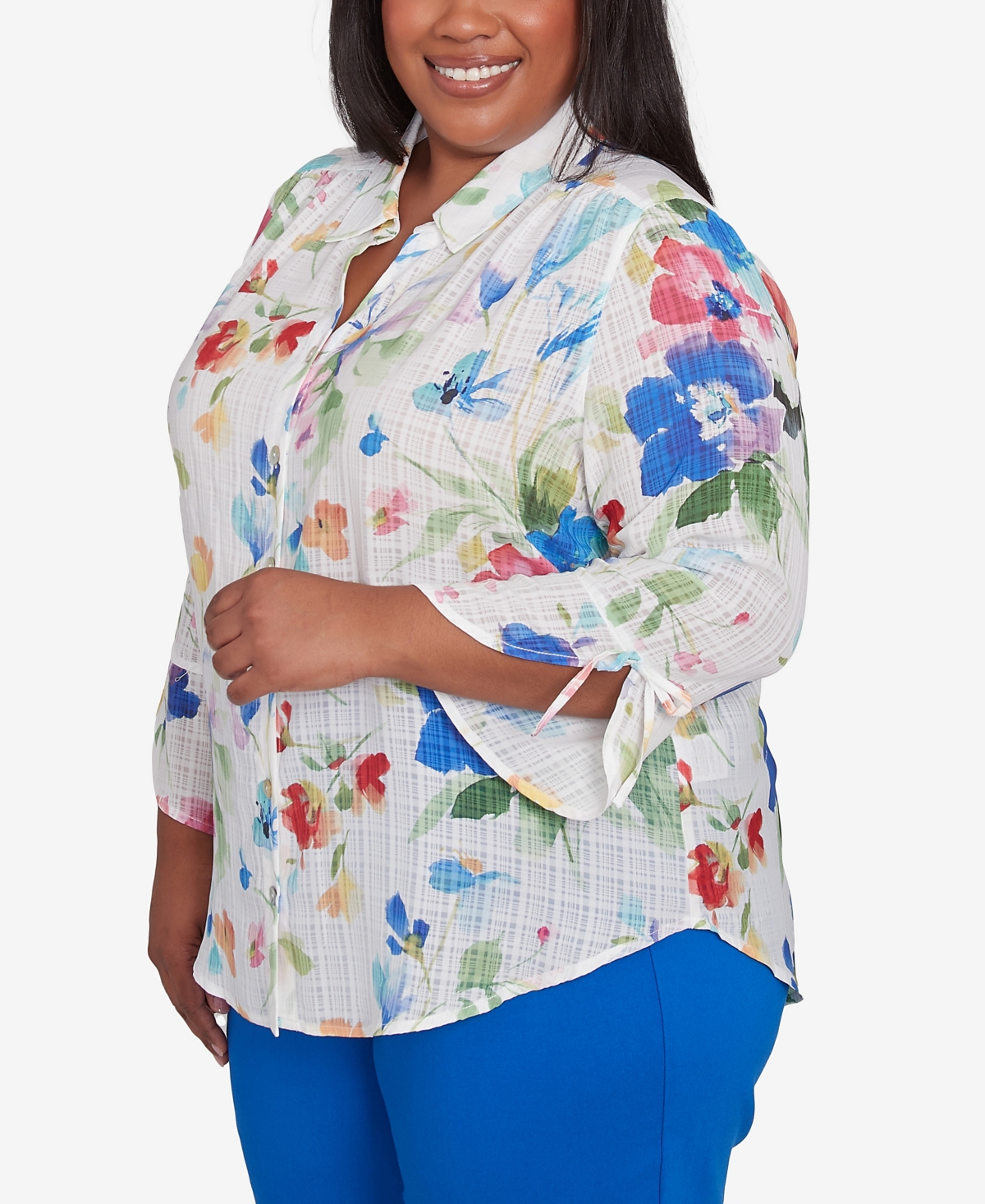 Alfred Dunner Plus Size Parrot Cay Abstract Watercolor Button Down Collared Top In Cobalt Multi