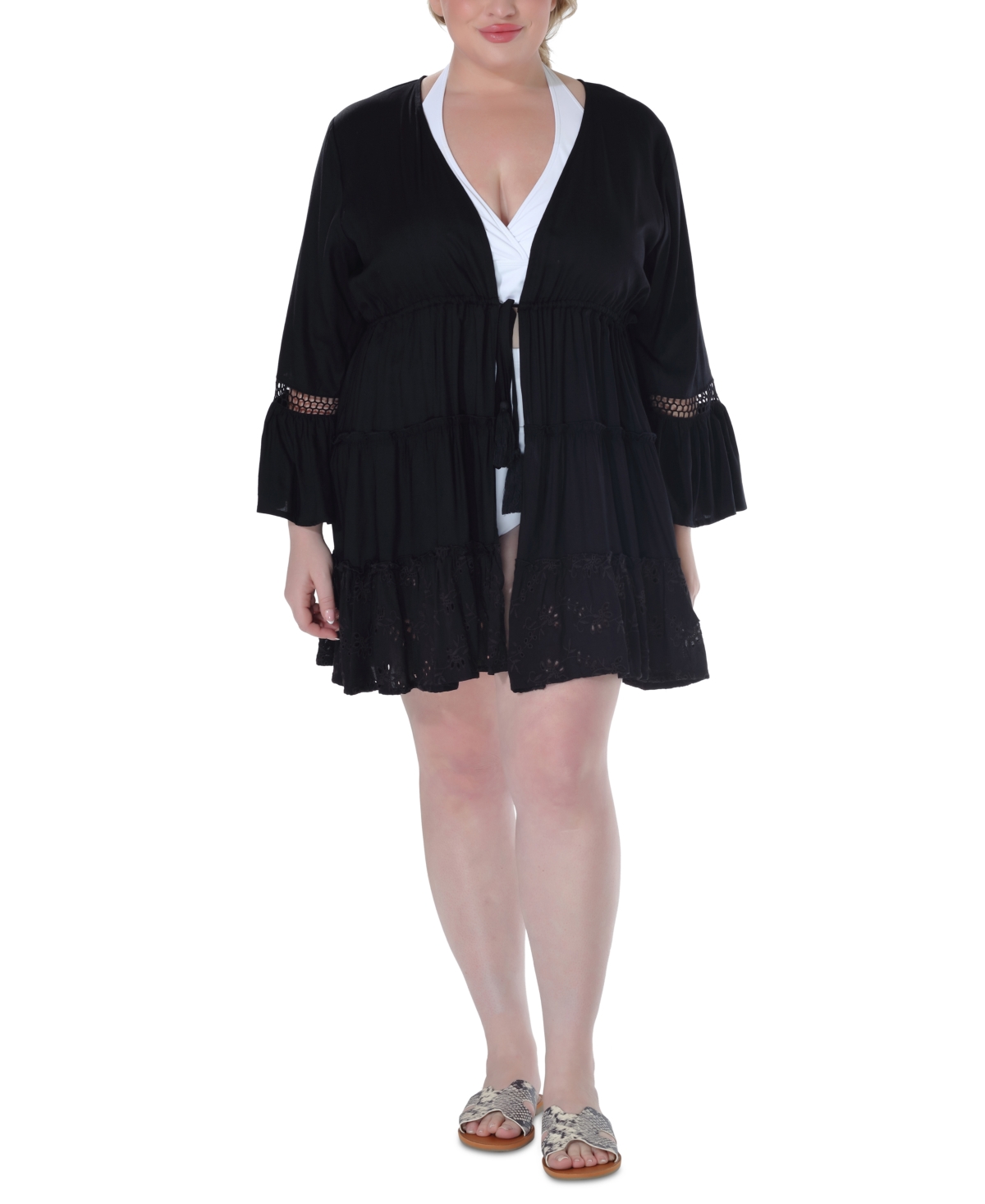 Plus Size Lace-Inset Eyelet-Flounce Cover-Up - Black