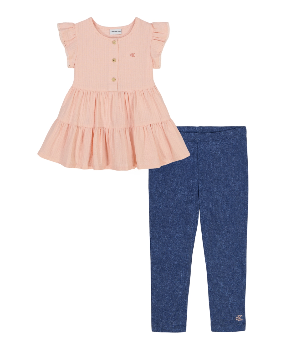Calvin Klein Toddler And Little Girls 2-piece Crochet Trim Plisse Cotton Tunic Capri Jeggings Sets In Chintz Rose,medium Wash