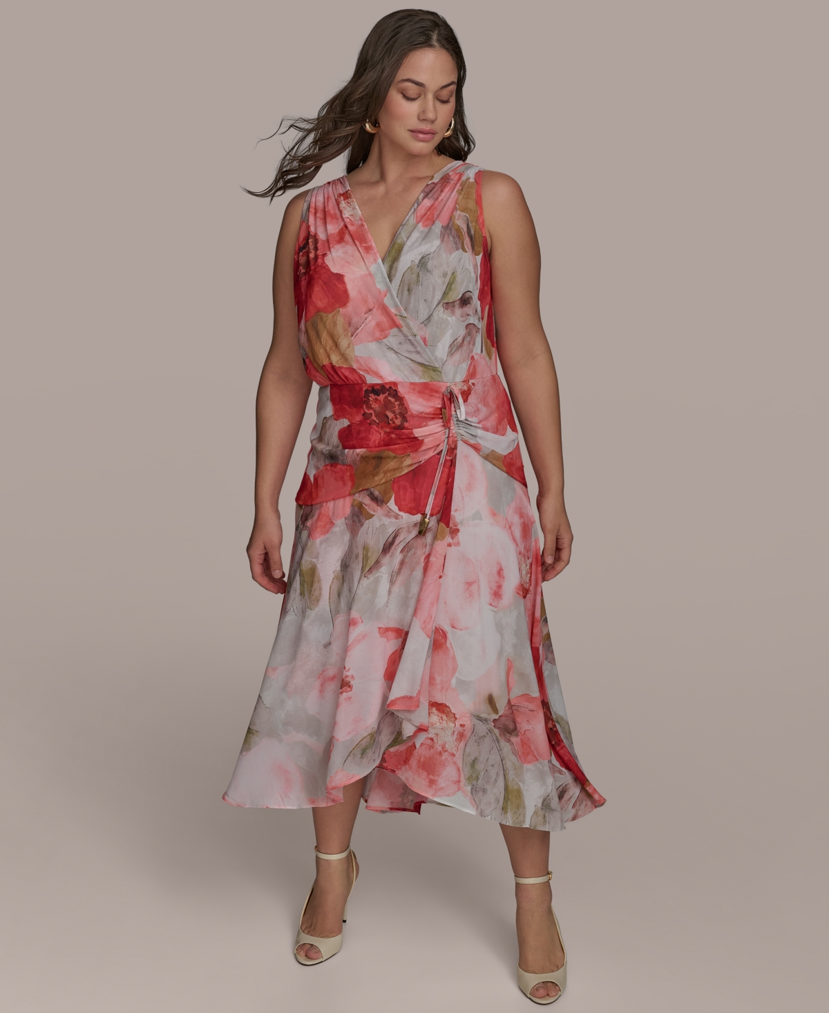 DONNA KARAN PLUS SIZE FLORAL-PRINT SURPLICE MIDI DRESS 
