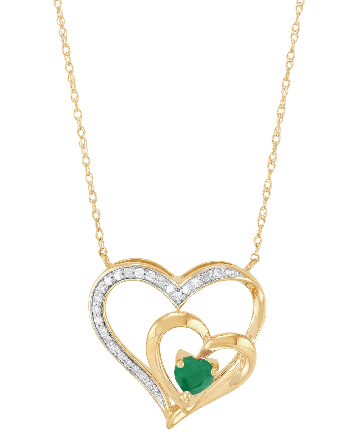 Macy's Emerald (1/3 Ct. T.w.) & Diamond (1/10 Ct. T.w.) Double Heart 18" Pendant Necklace In 14k Gold In Emerald