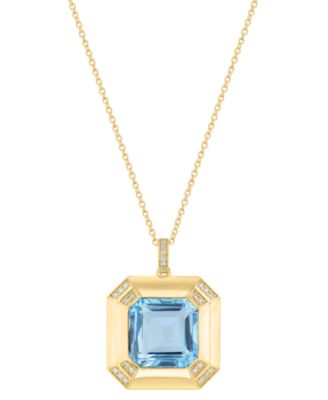 EFFY&reg; Sky Blue Topaz (12-1/2 ct. t.w.) & Diamond (1/20 ct. t.w.) 18" Pendant Necklace in 14k Gold over Silver