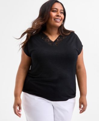 Style & Co Plus Size Lace-Trim-V-Neck Short-Sleeve T-Shirt