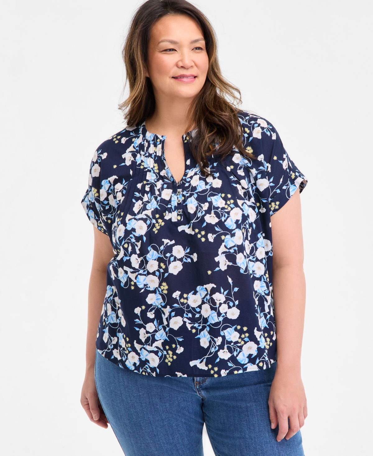Plus Size Printed Short-Sleeve Blouse, Exclusively at Macy's - Glories Industrial Blue