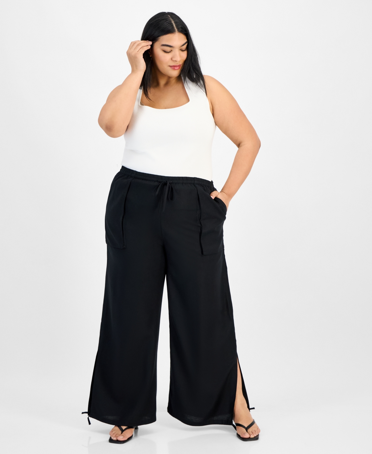 Trendy Plus Size Split-Hem Wide Linen Pants, Exclusively at Macy's - Beach Sand
