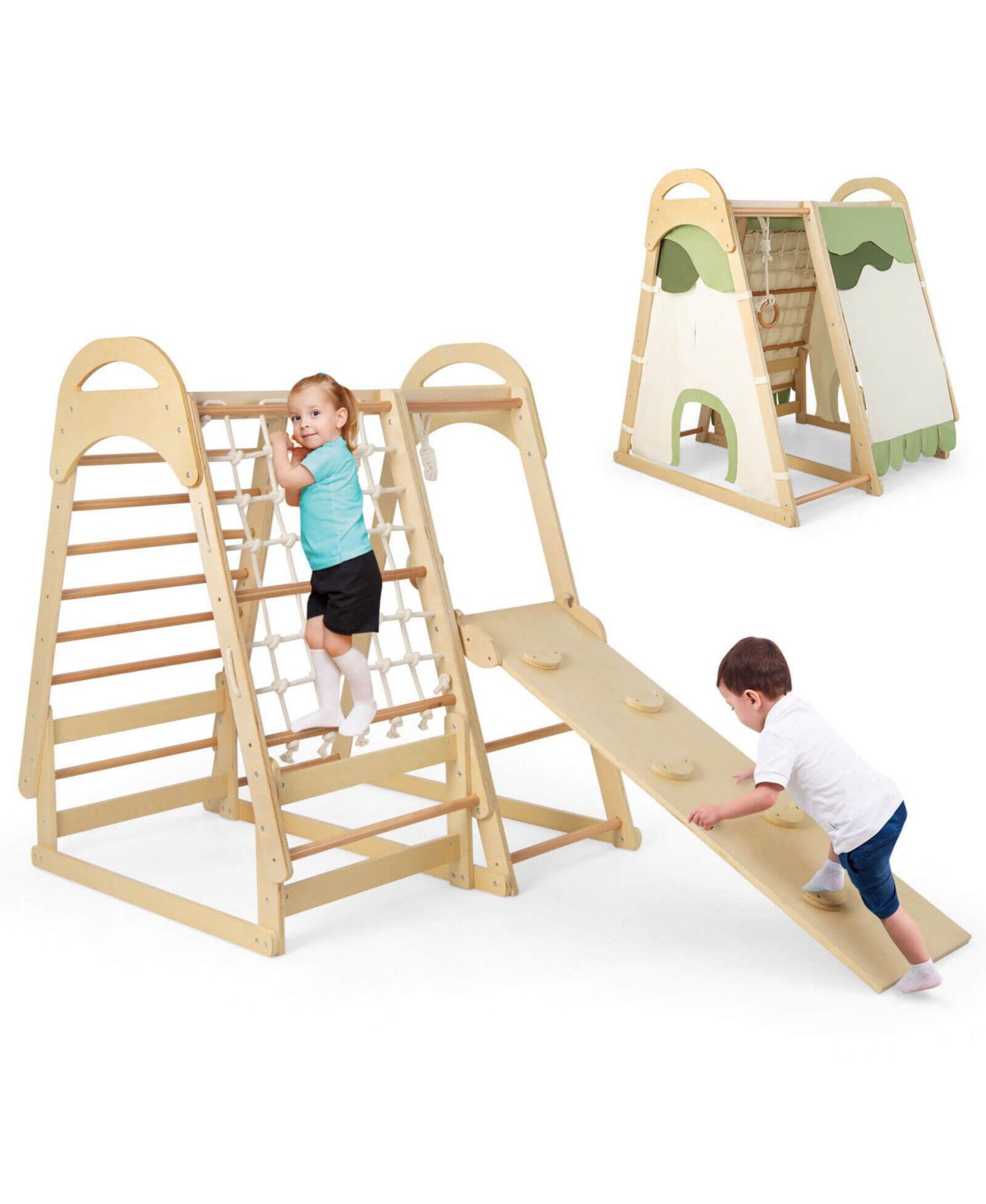 6-in-1 Wooden Indoor Kids Jungle Gym Playset with Monkey Bars, Climbing Net, Ladder, Rings, Slide and Tent, 6-Piece Set