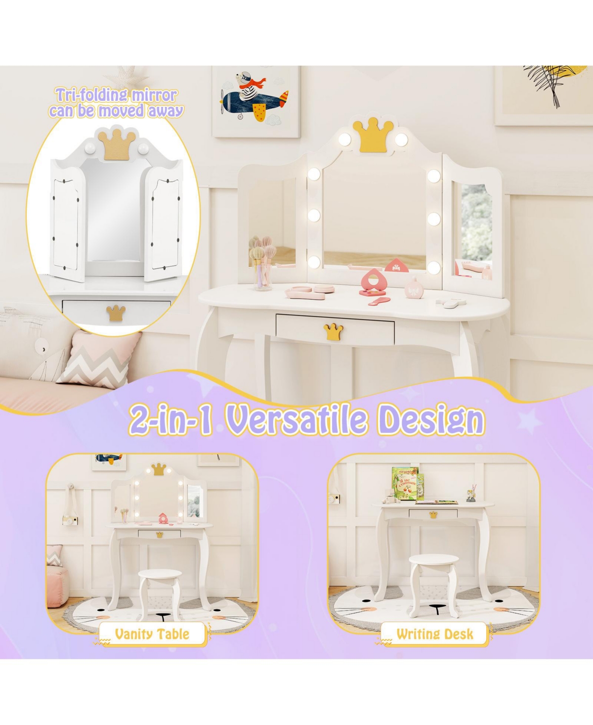 Kids Vanity Set with Tri-Fold Lighted Mirror, Detachable Top, and Stool Fun Dressing Table for