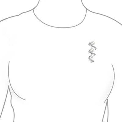 Crystal Spiral White Pearl Scarf Brooch Pin Silver Plated