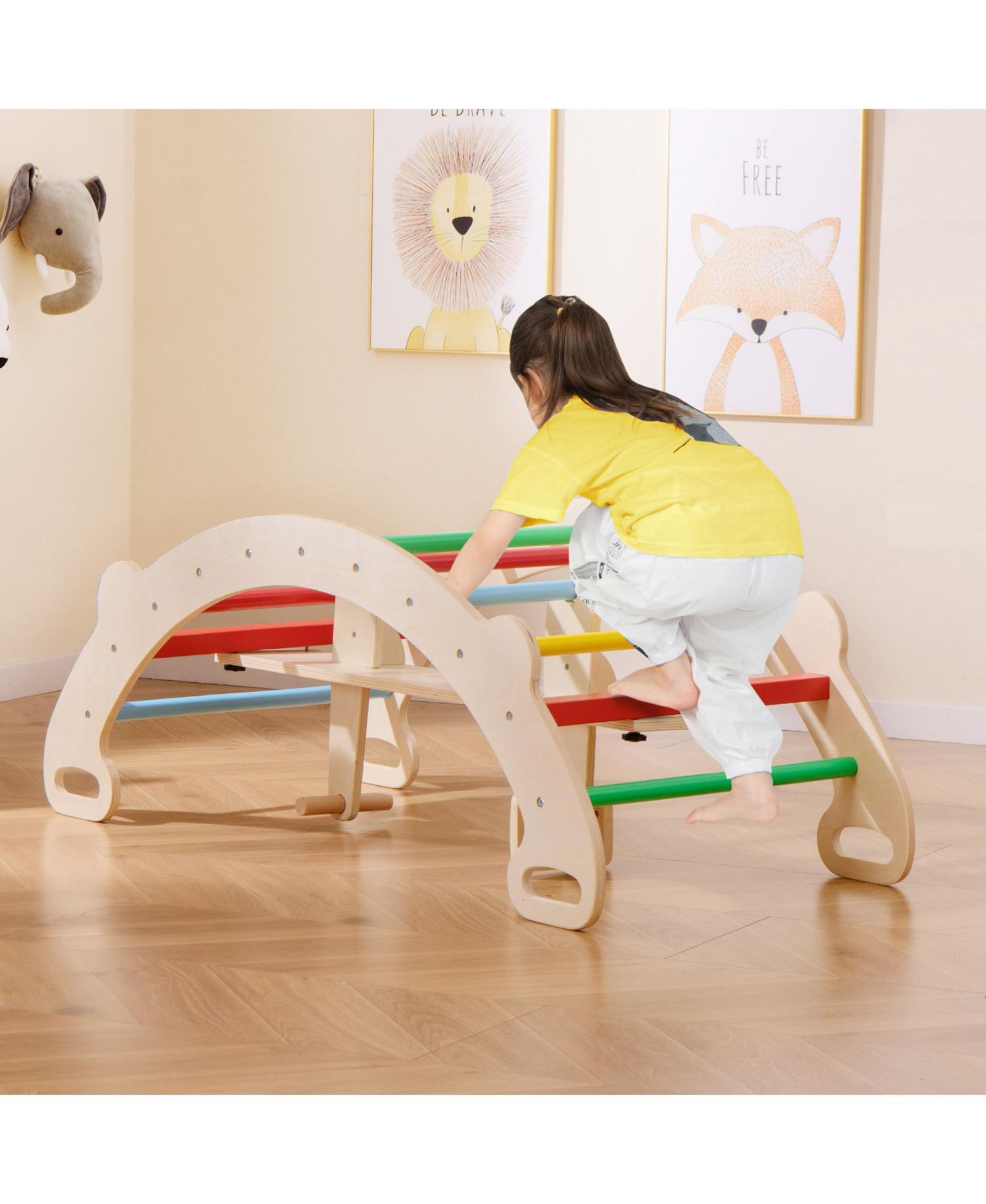 4 in 1 Kids Wooden Climbing Toy with Rocker and Crawling Tunnel