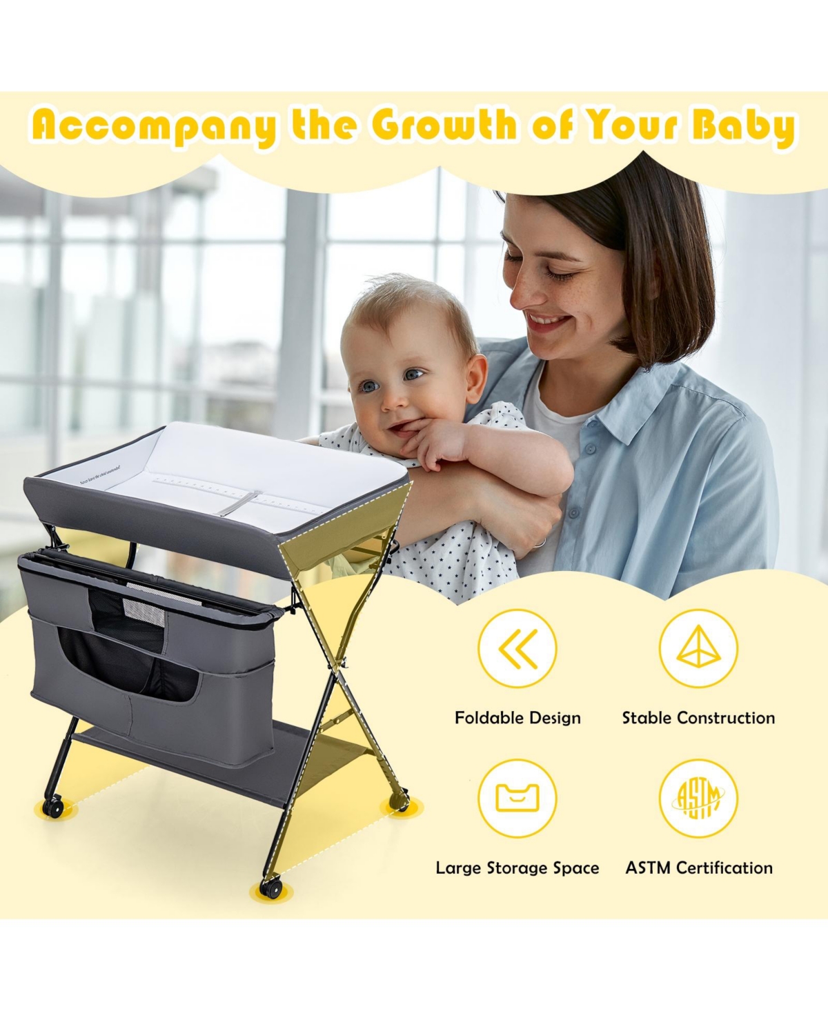Gouun Portable Adjustable Height Newborn Nursery Organizer with wheel
