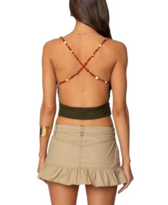 Women's Beaded Deep Cowl Neck Backless Top