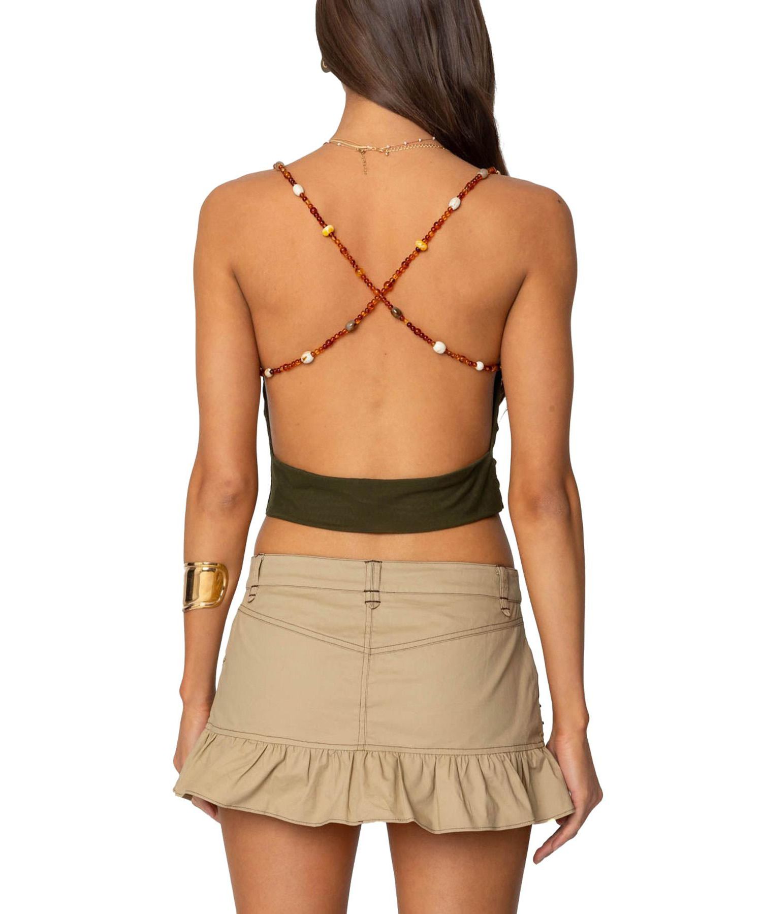 Women's Beaded Deep Cowl Neck Backless Top