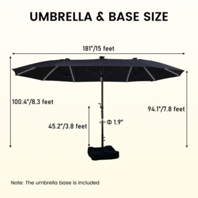 15 ft Patio Umbrellas with Solar Lights 12 LED Strip Lights Umbrella Rib, Double-Sided Market Umbrella with Base Included, Grey