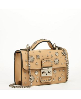 Women s Beige Studded Crossbody Bag Designer Leather Shoulder Purse with Top Handle, Structured Handbag with Silver Embellishments