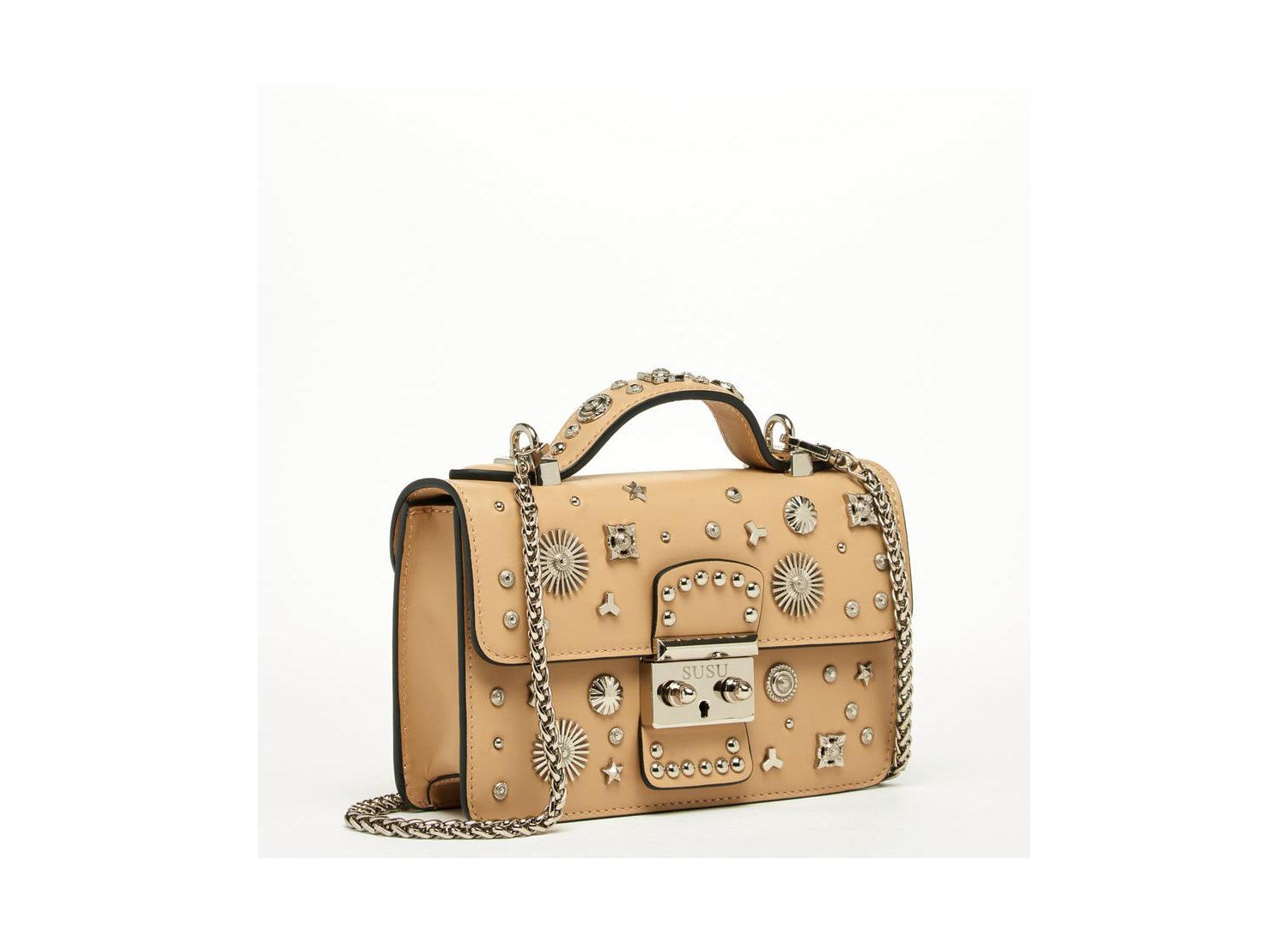 Women s Beige Studded Crossbody Bag Designer Leather Shoulder Purse with Top Handle, Structured Handbag with Silver Embellishments