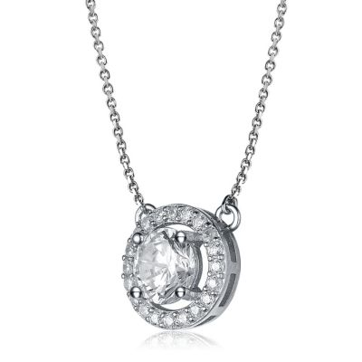 Sterling Silver White Gold Plated with Clear Cubic Zirconia Halo Necklace
