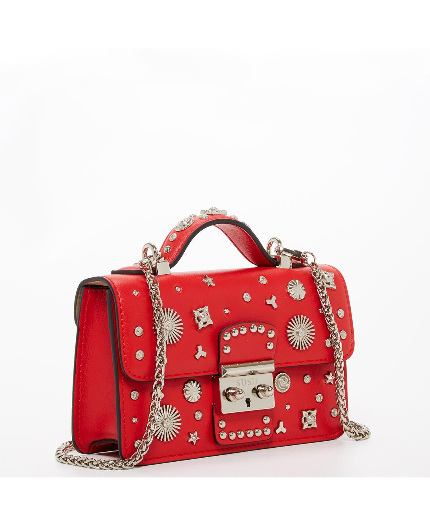 Studded Small Leather Crossbody Bag Red Purse Women's Handbag with Top Handle