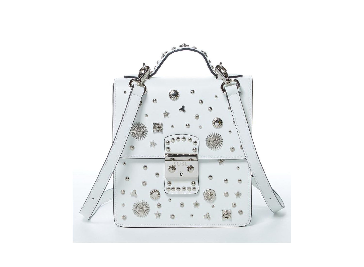 Leather Backpack Purse Convertible Crossbody Bag with Embellishments and Top Handle White Women's Handbag