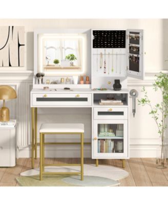 Modern Makeup Vanity Desk with Mirror and Lights and Stool Set