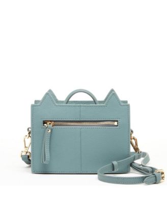 Leather Cat Purse Crossbody Bag Mineral Blue Handbag for Women with Top Handle and Adjustable Strap