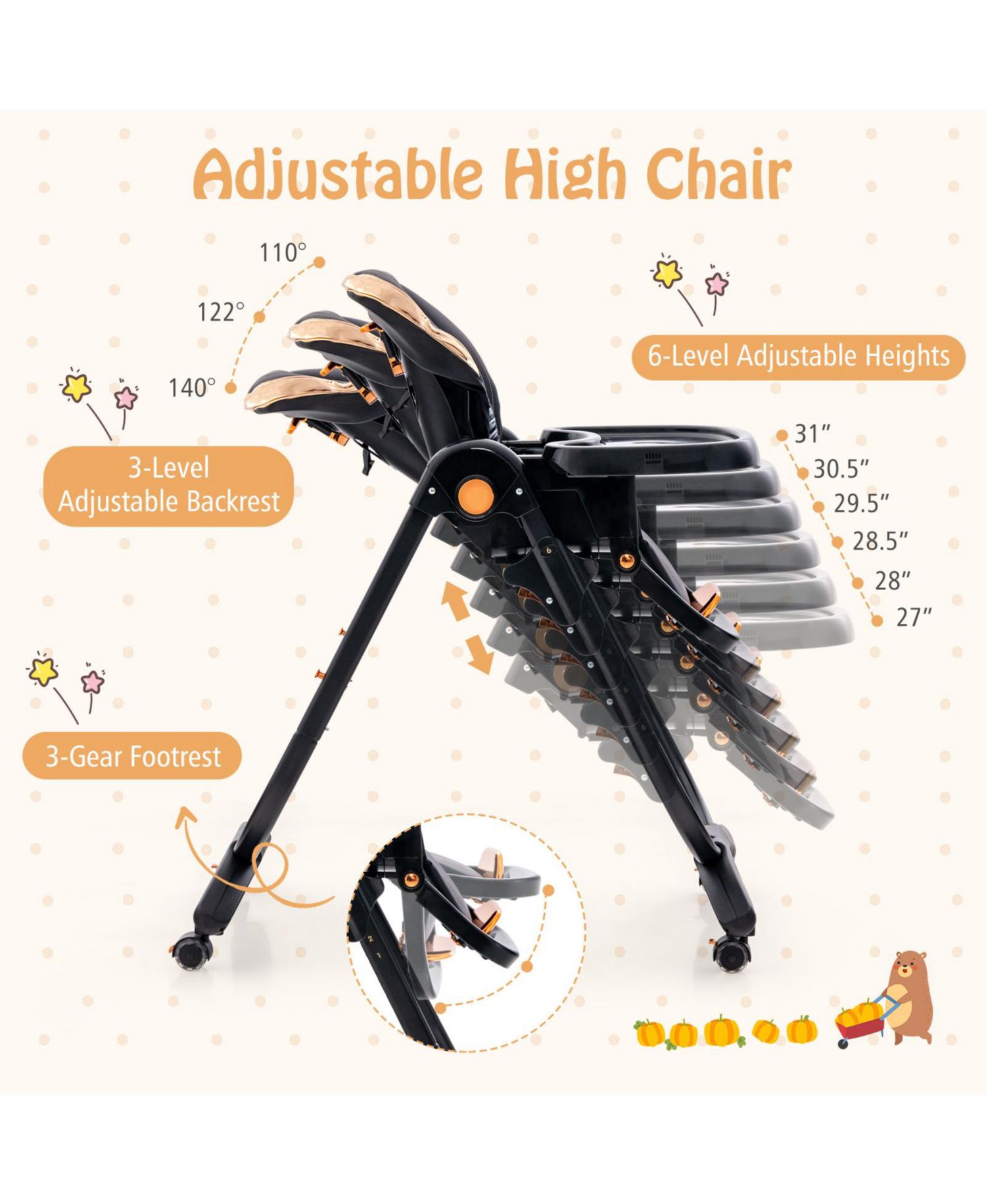 Kids Folding Dining High Chair with Adjustable Height and Recline