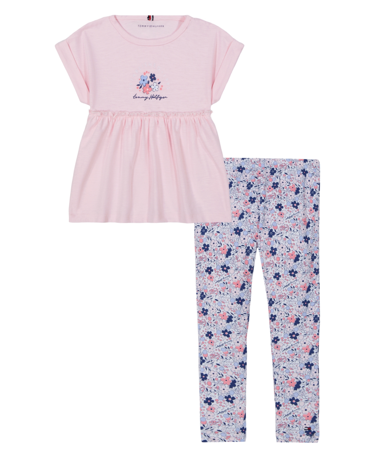 TOMMY HILFIGER TODDLER AND LITTLE GIRLS 2-PIECE SLUB JERSEY CINCHED TUNIC AND PRINTED LEGGINGS SET 