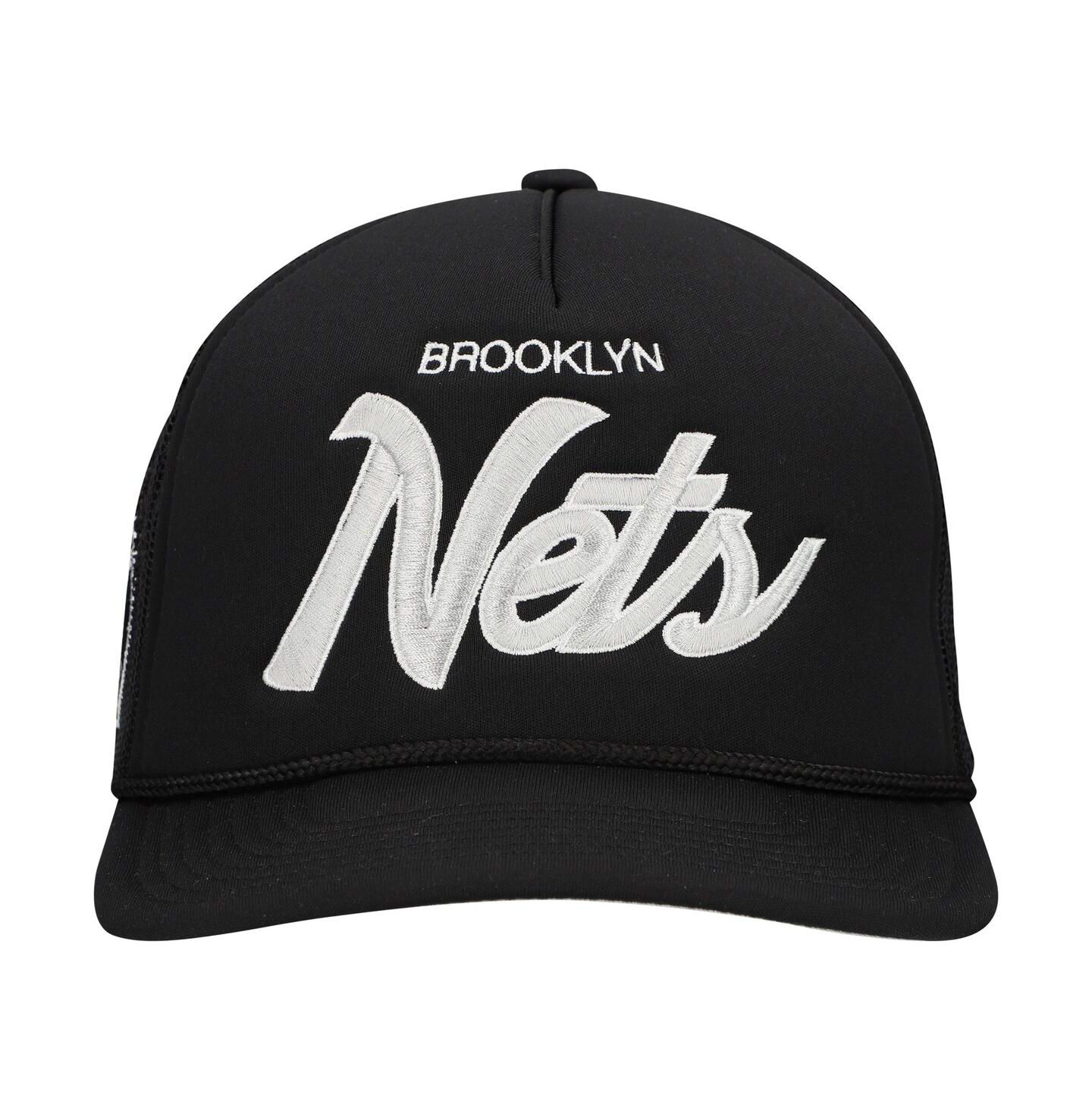 Мужская кепка Mitchell & Ness Black Brooklyn Nets Script Trucker Adjustable Hat — фото 5