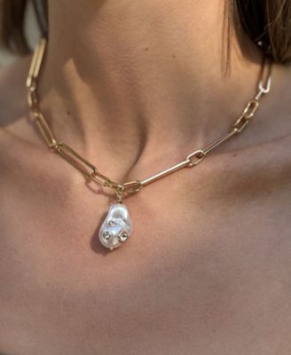 Gold Crystal-Decorated Cultivated Pearl Paper Clip Chain Drop Necklace
