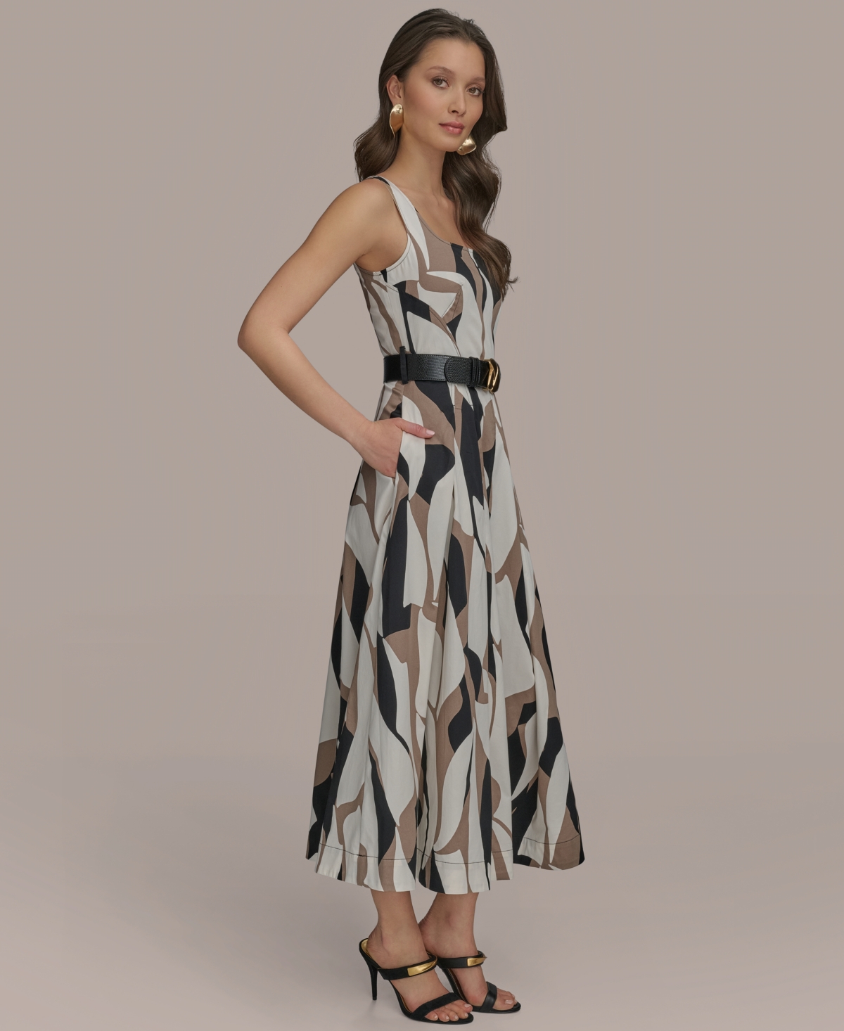 Shop Donna Karan Women's Abstract-print Square-neck Midi Dress In Black Multi