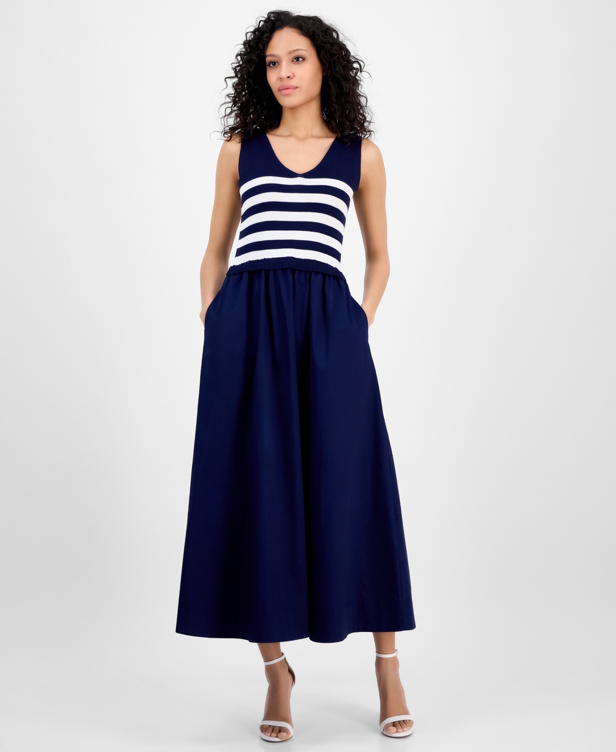 Women's V-Neck Sleeveless Mixed-Media Dress - Navyivory