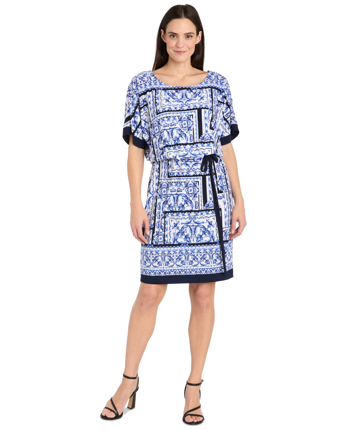 R & M Richards Plus Size Printed Blouson A-line Dress In White Denim