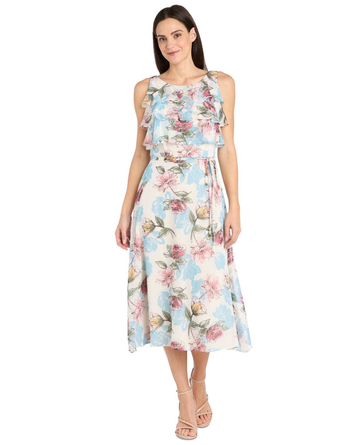 R & M Richards Petite Floral-print Ruffled Midi Dress In Ivory Denim