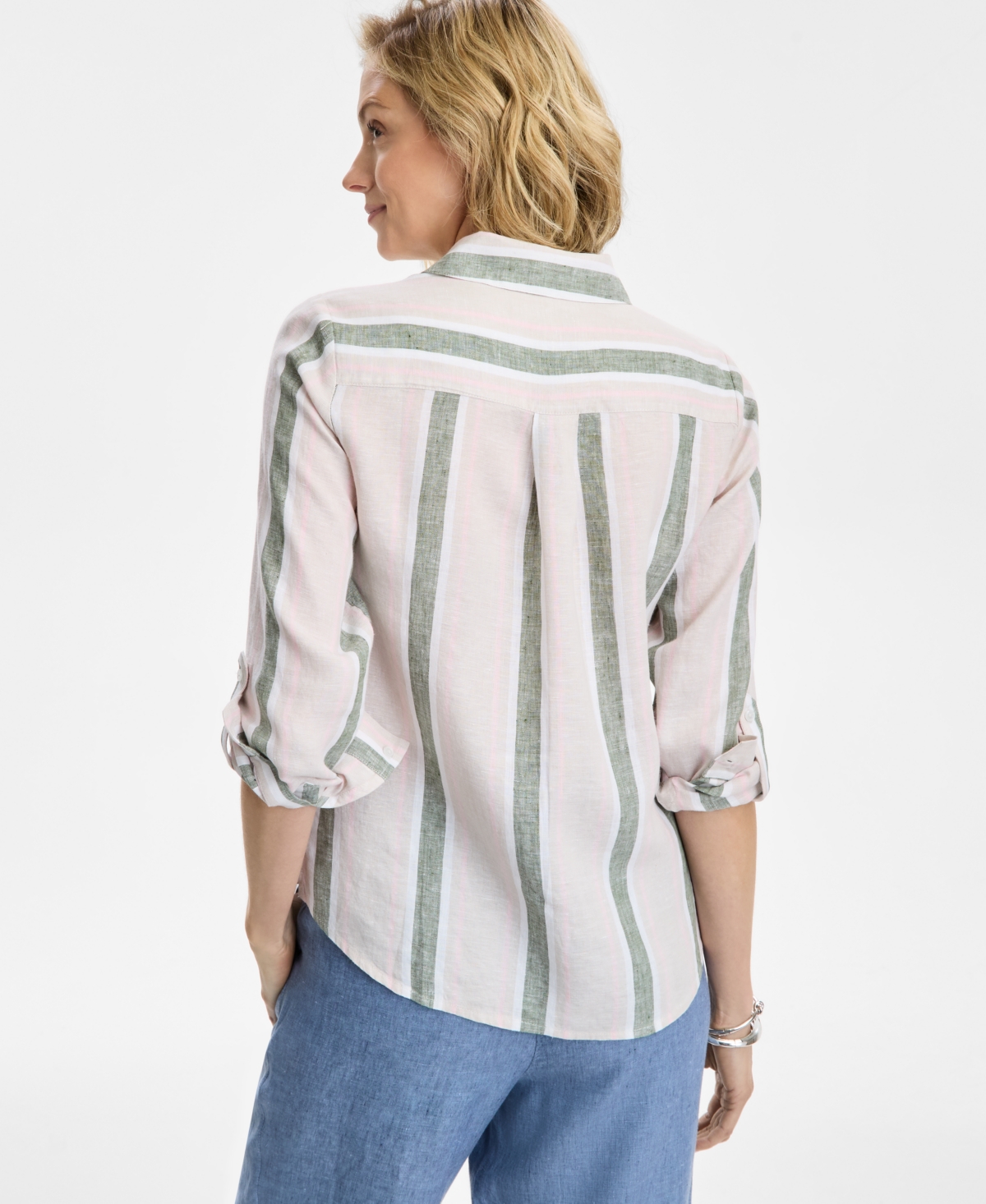 CHARTER CLUB WOMEN'S LINEN STRIPED ROLL-TAB SHIRT, EXCLUSIVELY AT MACY'S 