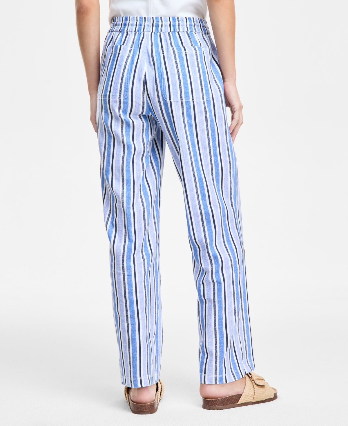 Liverpool Los Angeles Stripe Linen Blend Drawstring Wide Leg Pants In White,blue Multi Stripe