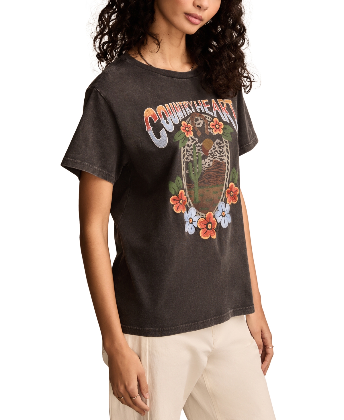 LUCKY BRAND WOMEN'S COTTON COUNTRY HEART BOYFRIEND TEE 