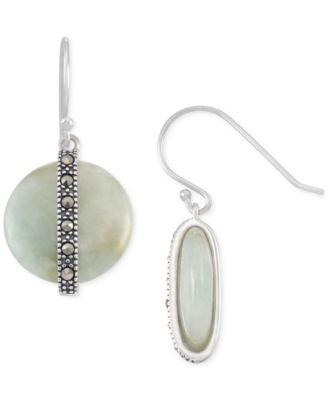 Macy's - Jade & Marcasite Vertical Bar Circle Drop Earrings in Sterling Silver