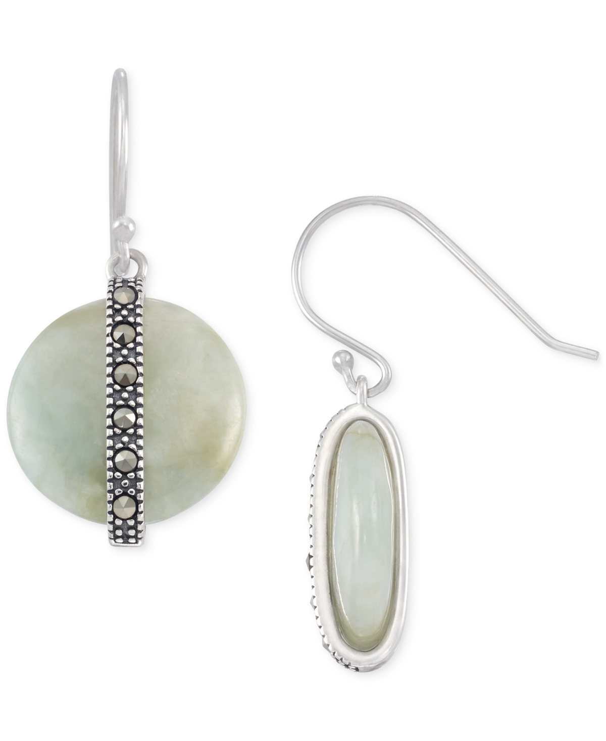 Macy's Jade & Marcasite Vertical Bar Circle Drop Earrings In Sterling Silver In Jade