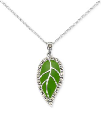 Macy's - Green Agate & Marcasite Leaf 18" Pendant Necklace in Sterling Silver
