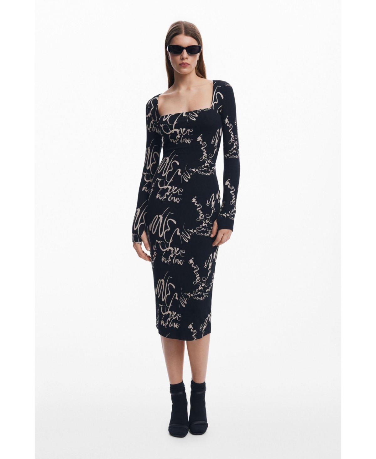 Desigual Love Print Long Sleeve Body-con Midi Dress In Black