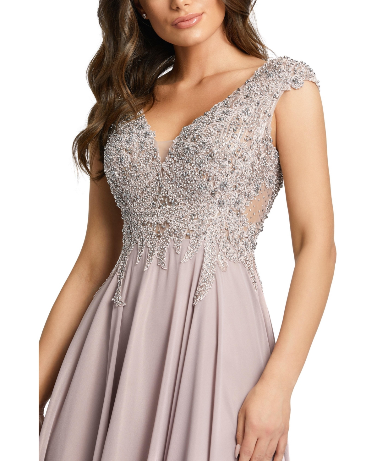 Mac Duggal Women's Appliqued Cap Sleeve Bodice Flowy Gown
